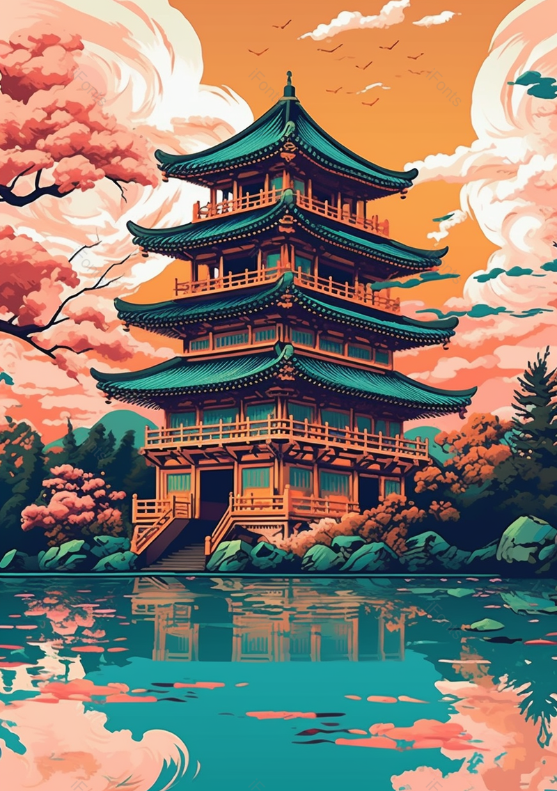 岳阳楼池塘旁的樱花国风建筑古迹插画,插画/手绘图,插画/手绘图库,插画/手绘图下载,插画/手绘